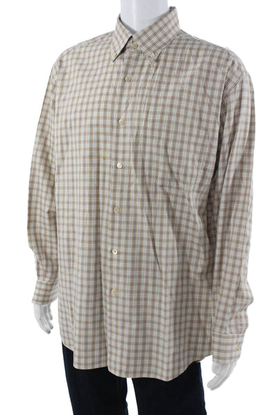 Ermenegildo Zegna Mens Button Front Collared Plaid Shirt Brown Blue Size 2XL