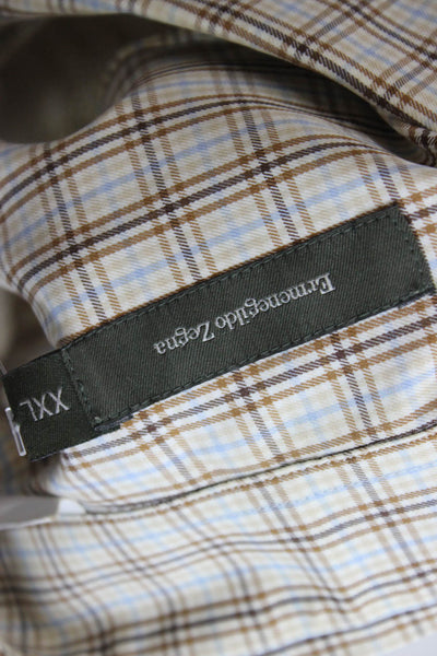 Ermenegildo Zegna Mens Button Front Collared Plaid Shirt Brown Blue Size 2XL