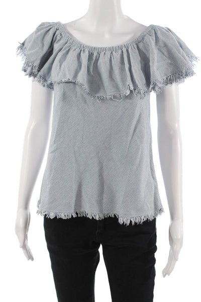 Velvet Womens Striped Light Blue Cotton Blouse Short Sleeve Size S