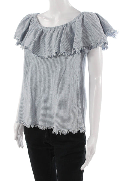 Velvet Womens Striped Light Blue Cotton Blouse Short Sleeve Size S