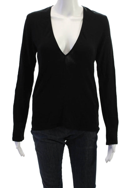Reformation Women Black V-Neck Long Sleeve Basic Cotton Blend Top Size XS