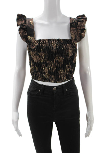 Misa Womens Cropped Square Neck Animal Print Blouse Black Short Sleeve Size XS