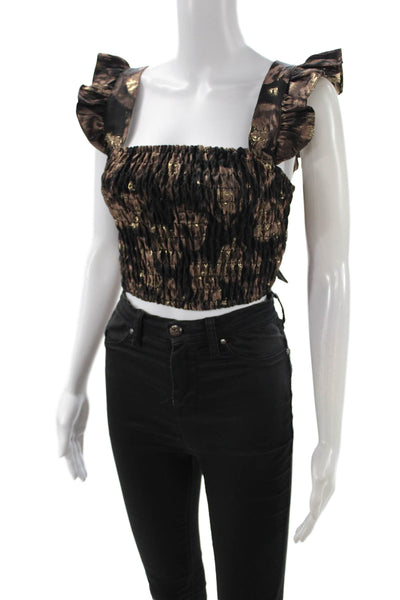 Misa Womens Cropped Square Neck Animal Print Blouse Black Short Sleeve Size XS