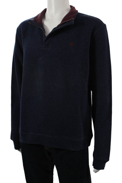 Brooks Brothers Mens Pullover Sweater Dark Blue Cotton Mock Neck Zip Size XL