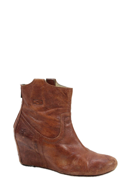 Frye Women's Leather Round Toe Wedge Ankle Boots Camel Size 7