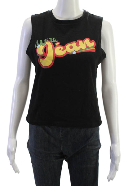 With Jean Women Cropped Graphic Black Tank 100% Cotton Crew Neck 80s Size XL