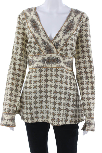 Tommy Bahama Women Paisley Tunic Blouse V-Neck Zip Long Sleeve Beige Size XL