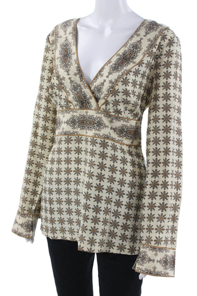 Tommy Bahama Women Paisley Tunic Blouse V-Neck Zip Long Sleeve Beige Size XL