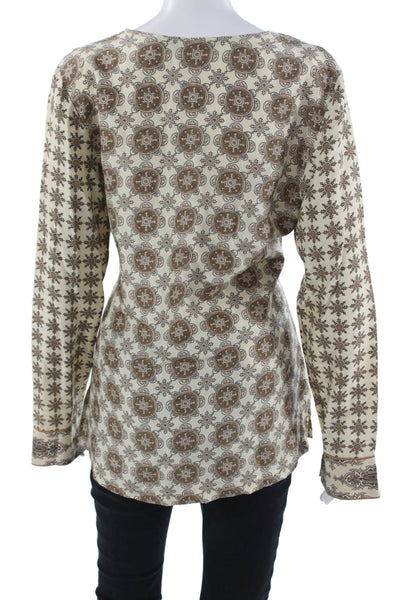Tommy Bahama Women Paisley Tunic Blouse V-Neck Zip Long Sleeve Beige Size XL