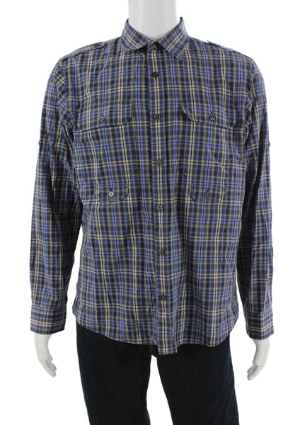 Michael Kors Men Button-Down Plaid Long Sleeve Cotton Blue Shirt Size L