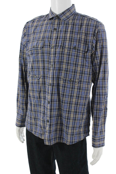 Michael Kors Men Button-Down Plaid Long Sleeve Cotton Blue Shirt Size L