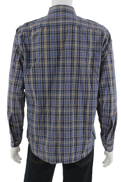 Michael Kors Men Button-Down Plaid Long Sleeve Cotton Blue Shirt Size L