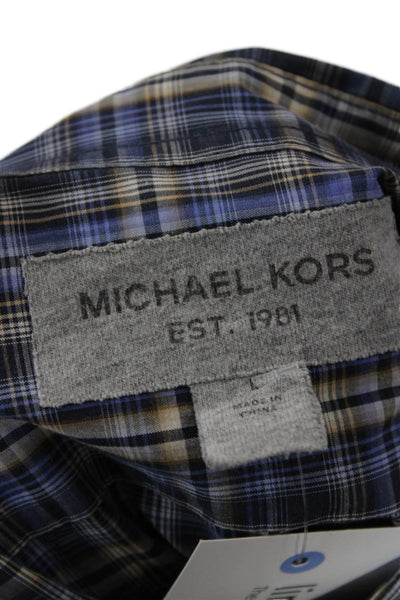 Michael Kors Men Button-Down Plaid Long Sleeve Cotton Blue Shirt Size L