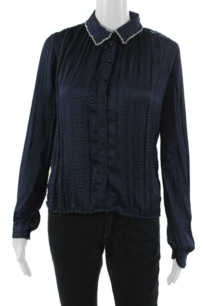 J Crew Women Collared Button-Up Blouse Dark Blue Long Sleeve Polyester Size XS