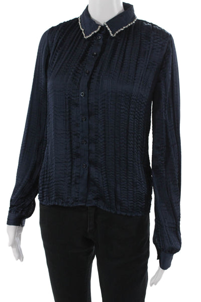 J Crew Women Collared Button-Up Blouse Dark Blue Long Sleeve Polyester Size XS