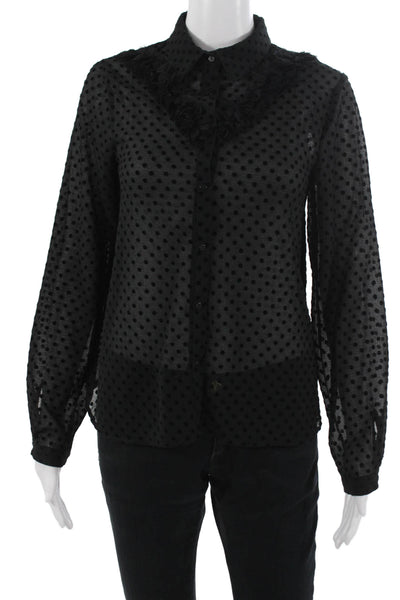 Zara Basic Women Black Polka Dot Collared Button Up Blouse Long Sleeve Size M