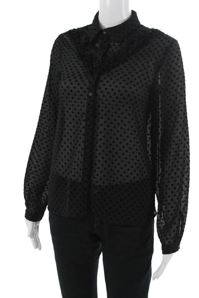 Zara Basic Women Black Polka Dot Collared Button Up Blouse Long Sleeve Size M