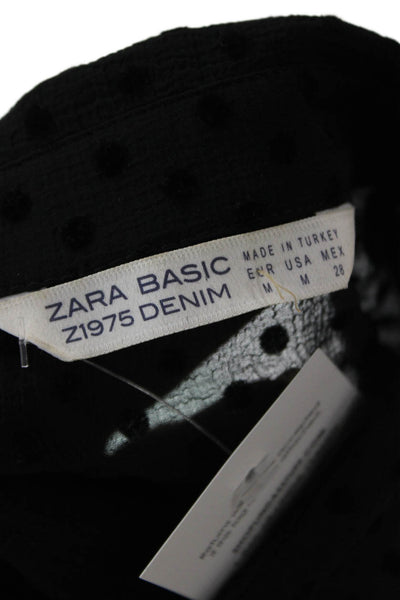 Zara Basic Women Black Polka Dot Collared Button Up Blouse Long Sleeve Size M