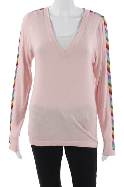 Happy Sheep Unisex Pink Striped V Neck Pullover Sweater Long Sleeve Size M