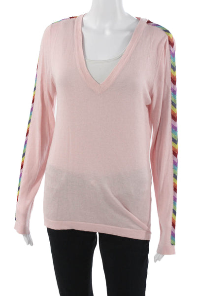 Happy Sheep Unisex Pink Striped V Neck Pullover Sweater Long Sleeve Size M