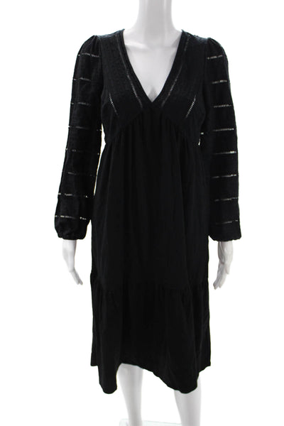 Boden Women A-Line Black Cotton V-Neck Knee Length Dress Long Sleeve Size 6