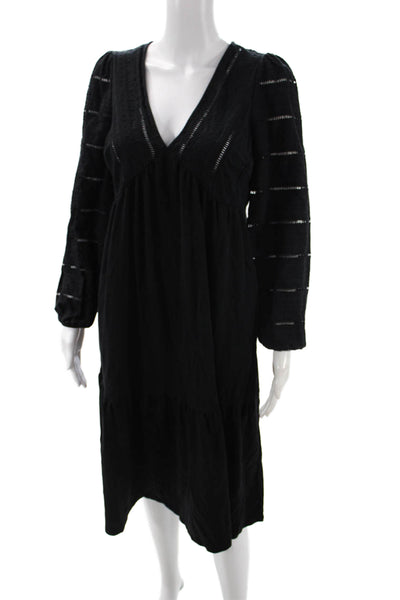 Boden Women A-Line Black Cotton V-Neck Knee Length Dress Long Sleeve Size 6