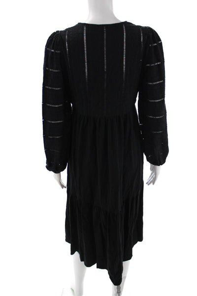 Boden Women A-Line Black Cotton V-Neck Knee Length Dress Long Sleeve Size 6