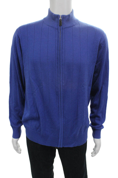 Tailorbyrd Mens Full Zip Striped Mock Neck 100% Wool Sweater Blue Size L