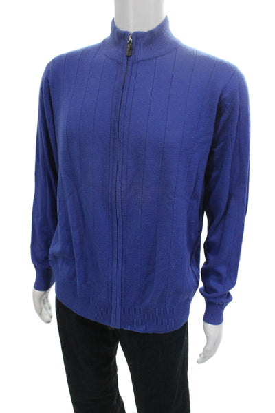 Tailorbyrd Mens Full Zip Striped Mock Neck 100% Wool Sweater Blue Size L