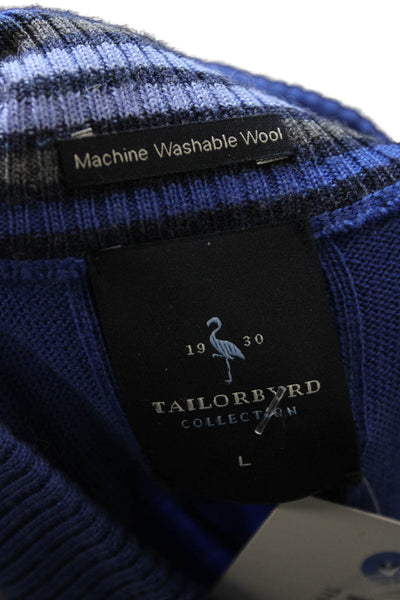 Tailorbyrd Mens Full Zip Striped Mock Neck 100% Wool Sweater Blue Size L