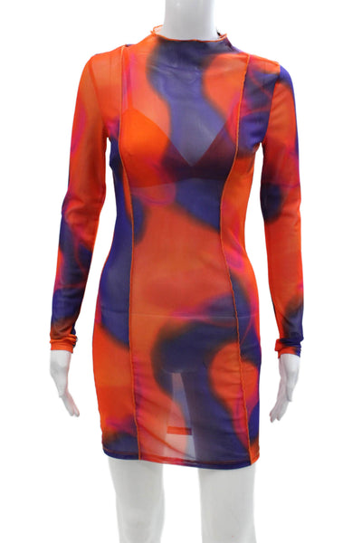 Hours Women Bodycon Mini Dress Orange Mock Neck Long Sleeve Size XS