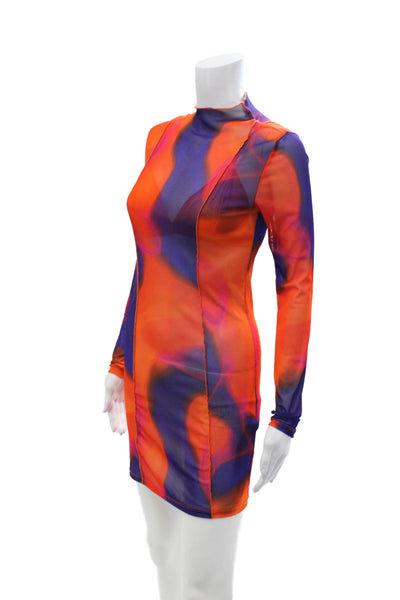 Hours Women Bodycon Mini Dress Orange Mock Neck Long Sleeve Size XS