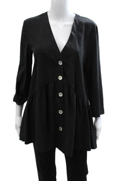 Zara Women V-Neck Tunic Black 3/4 Sleeve Lyocell Polyester Size S