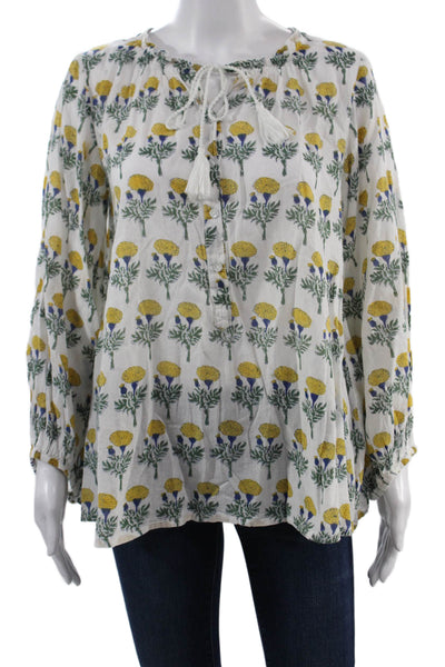 India Collection Womens Bohemian Floral Tunic Blouse White Long Sleeve Size XS