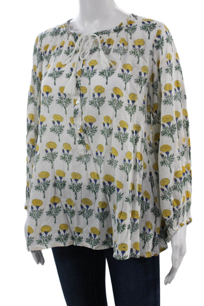 India Collection Womens Bohemian Floral Tunic Blouse White Long Sleeve Size XS