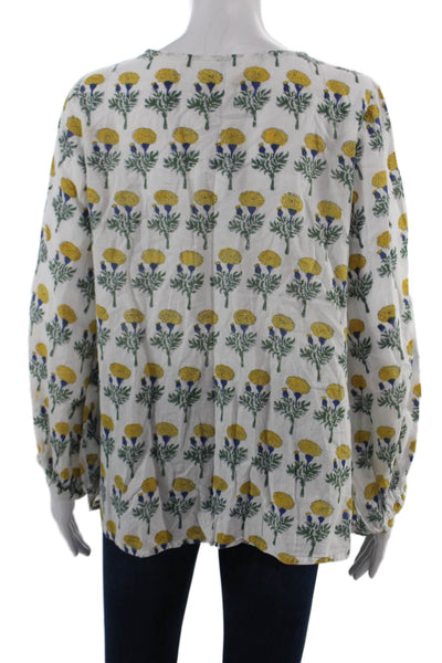 India Collection Womens Bohemian Floral Tunic Blouse White Long Sleeve Size XS
