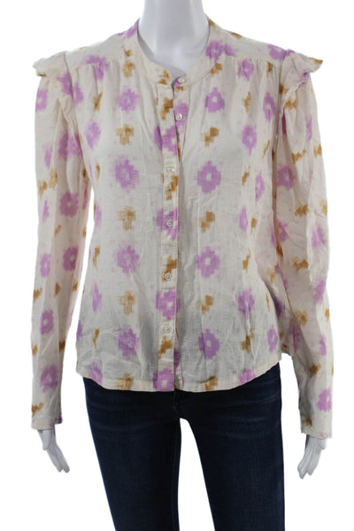 Xirena Womens Blouse White Floral Cotton Crew Long Sleeve Button-Up Size S