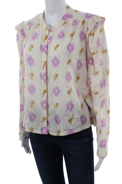 Xirena Womens Blouse White Floral Cotton Crew Long Sleeve Button-Up Size S