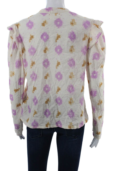 Xirena Womens Blouse White Floral Cotton Crew Long Sleeve Button-Up Size S