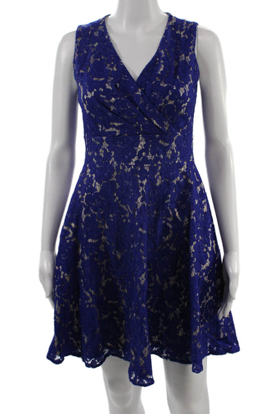 Eliza J Women Blue A-Line Fit & Flare Floral V-Neck Sleeveless Dress Size 8