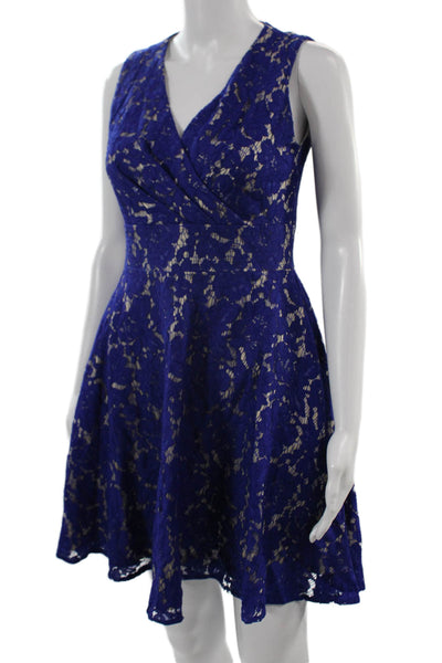 Eliza J Women Blue A-Line Fit & Flare Floral V-Neck Sleeveless Dress Size 8