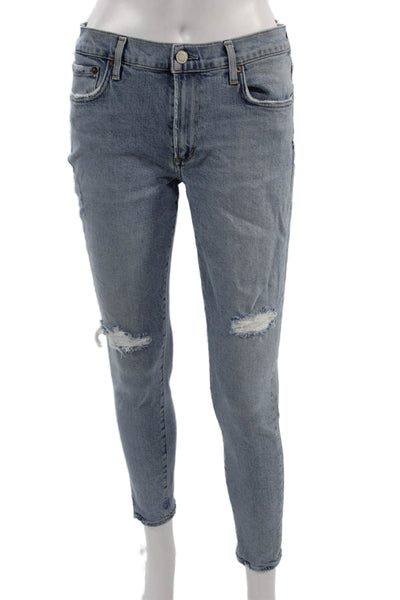 Agolde Women Ankle Cropped Skinny Jeans Light Blue Mid Rise Button Size 29
