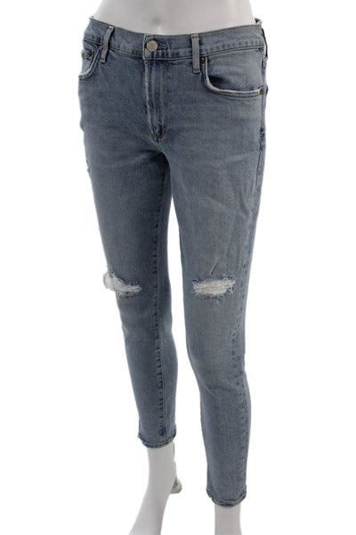 Agolde Women Ankle Cropped Skinny Jeans Light Blue Mid Rise Button Size 29