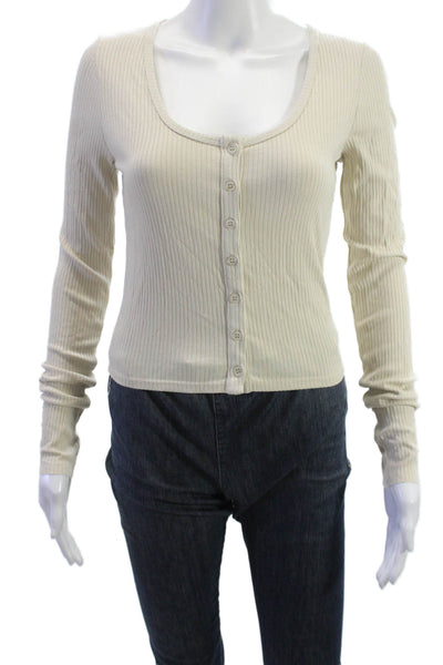 The Range Womens Cropped Striped Button Up Top Long Sleeve Beige Size M