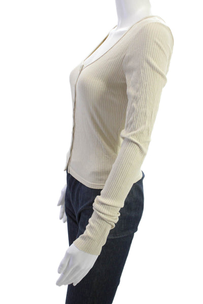 The Range Womens Cropped Striped Button Up Top Long Sleeve Beige Size M