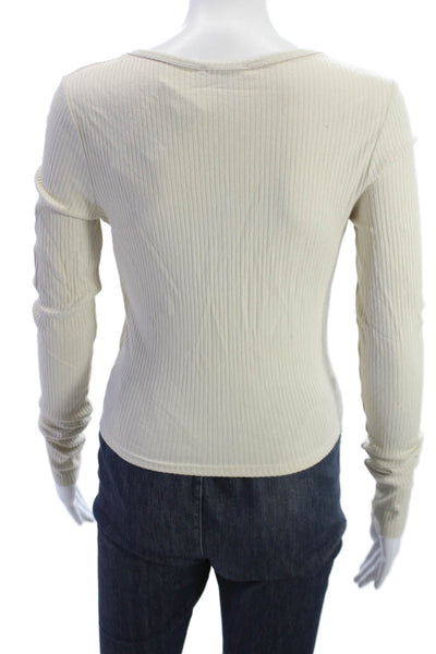 The Range Womens Cropped Striped Button Up Top Long Sleeve Beige Size M