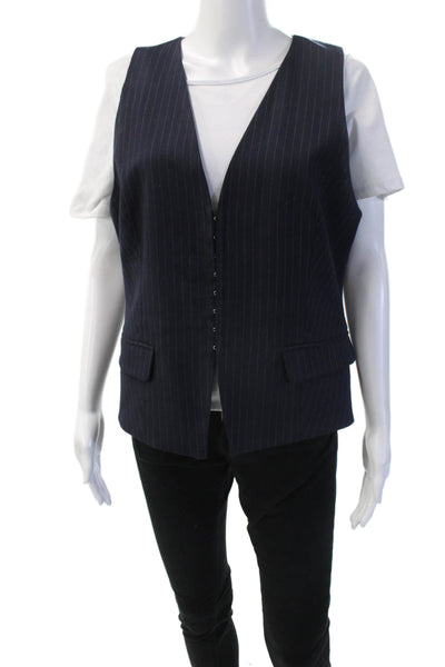 Zara Women Dark Blue Striped V Neck Sleeveless Vest Button Polyester Size XL