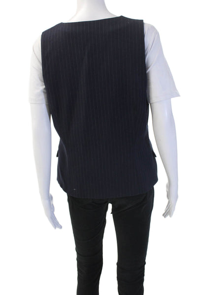 Zara Women Dark Blue Striped V Neck Sleeveless Vest Button Polyester Size XL