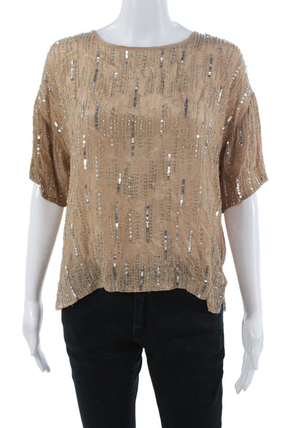Velvet Women Beige Viscose Short Sleeve Round Neck Blouse Size S