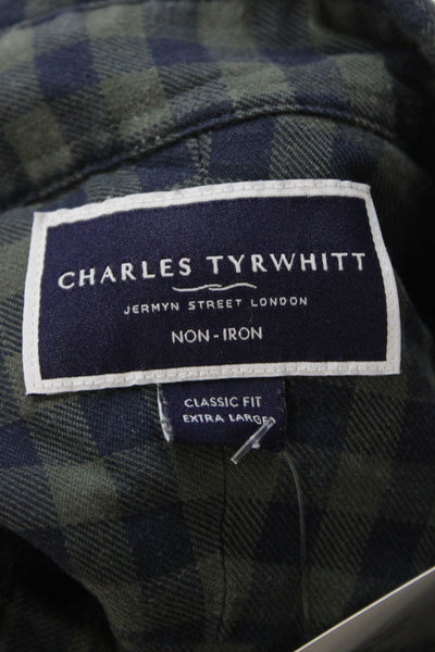 Charles Tyrwhitt Mens Button Front Collared Gingham Shirt Navy Green Large